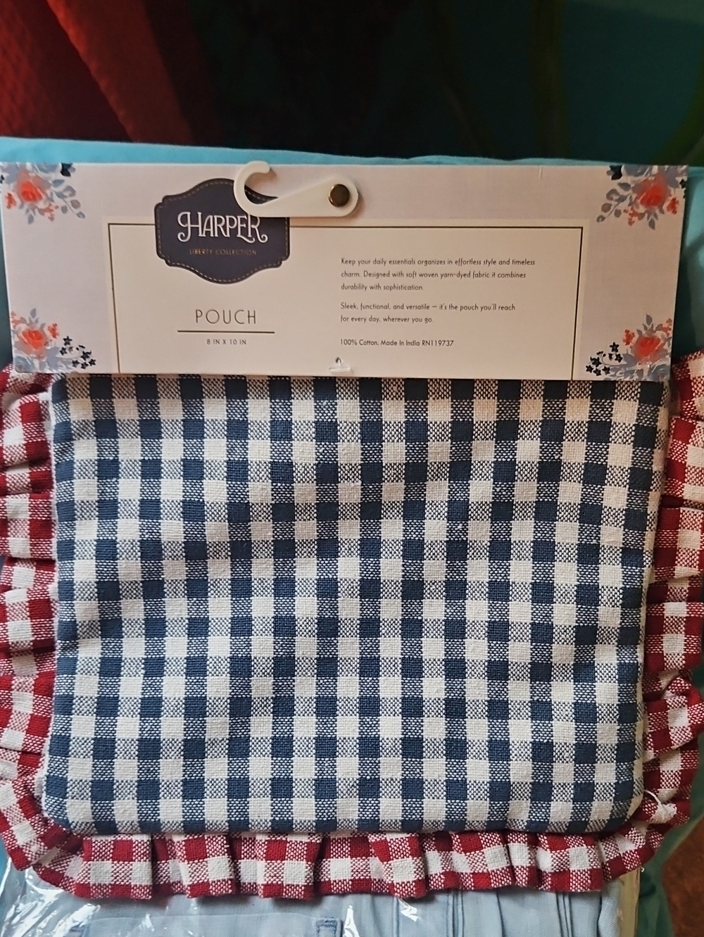 Harper Navy and White Gingham Zip Pouch - Picture 3 of 5
